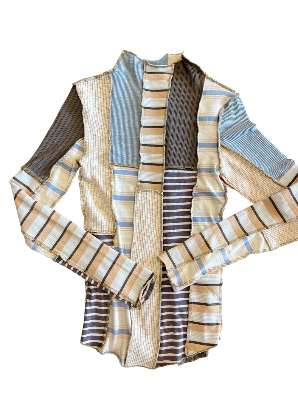 Oli & Hali NWT’s Patchwork Striped Knit long sleeve top in Blue, Cream & Brown